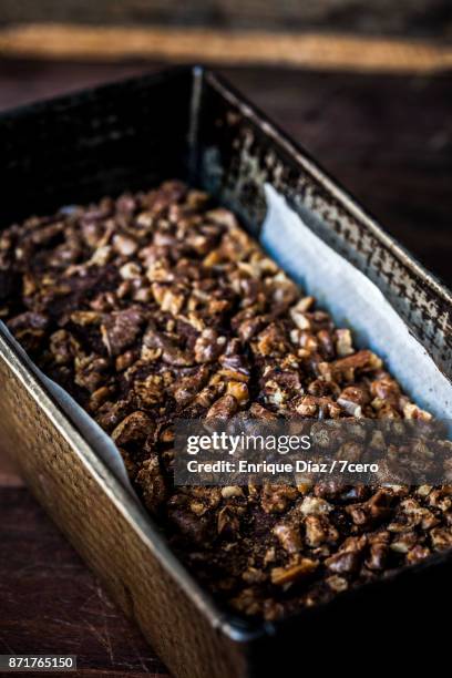 rustic walnut and banana bread in tin - loaf pan stock pictures, royalty-free photos & images