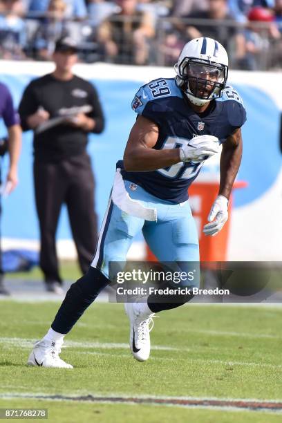 Wesley Woodyard of the Tennessee Titans plays against the Baltimore Ravens at Nissan Stadium on November 5, 2017 in Nashville, Tennessee.