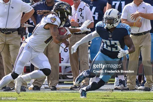 Brice McCain of the Tennessee Titans plays against the Baltimore Ravens at Nissan Stadium on November 5, 2017 in Nashville, Tennessee.