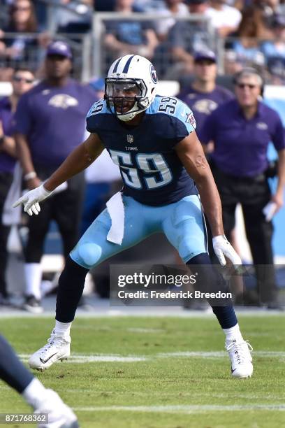 Wesley Woodyard of the Tennessee Titans plays against the Baltimore Ravens at Nissan Stadium on November 5, 2017 in Nashville, Tennessee.