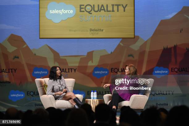 Actress Taraji P. Henson, left, speaks while Michele Norris, director of the Bridge program at The Aspen Institute Inc., listens during the...