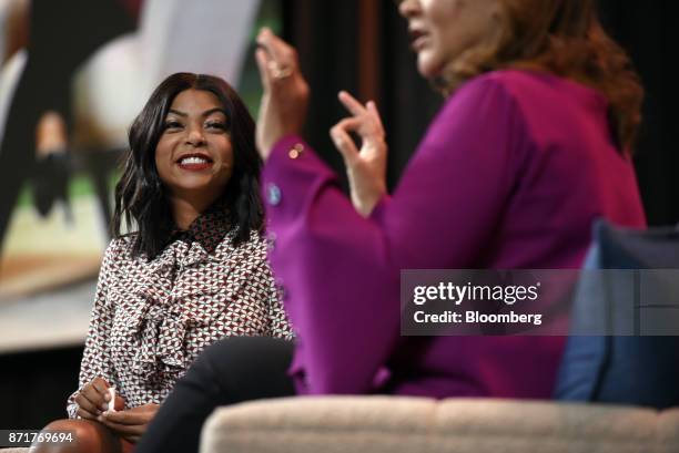 Actress Taraji P. Henson, left, smiles while Michele Norris, director of the Bridge program at The Aspen Institute Inc., speaks during the Dreamforce...