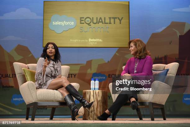 Actress Taraji P. Henson, left, speaks while Michele Norris, director of the Bridge program at The Aspen Institute Inc., listens during the...