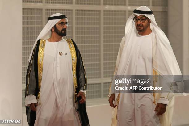 Ruler of Dubai Sheikh Mohammed bin Rashid al-Maktoum and Abu Dhabi Crown Prince Mohammed bin Zayed Al-Nahyan attend the inauguration of the Louvre...