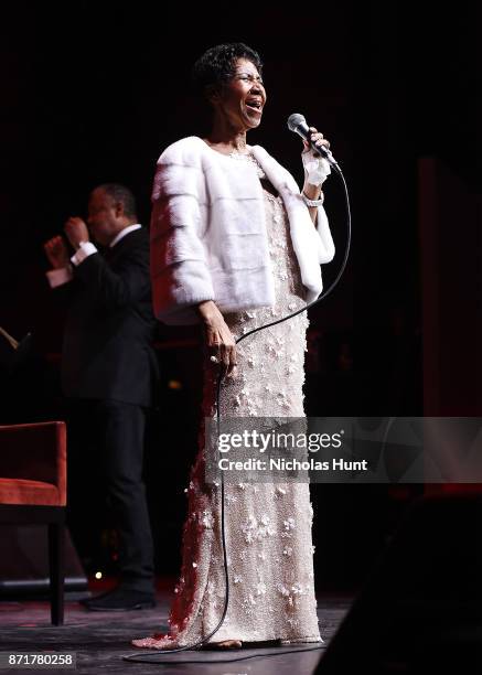 Aretha Franklin performs on stage at the Elton John AIDS Foundation Commemorates Its 25th Year And Honors Founder Sir Elton John During New York Fall...