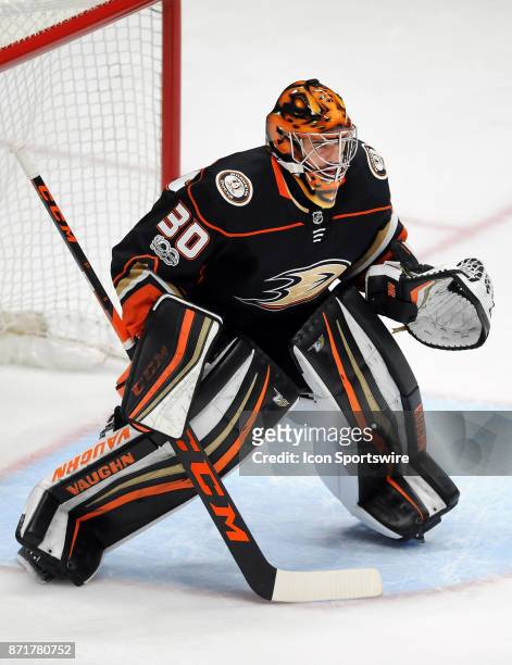 Anaheim Ducks goalie Ryan Miller in action during overtime in a game against the Los Angeles Kings, on November 7 played at the Honda Center in...