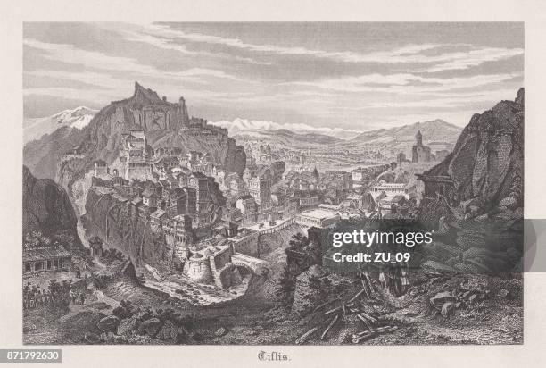 tbilisi, capital of georgia, steel engraving, published in 1889 - tiflis stock illustrations