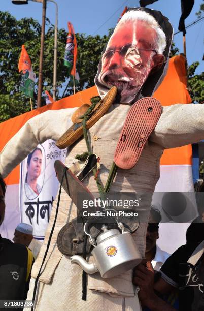 Indian Political Party of Trinamool Congress supporters burn effigy's Indian Prime Minister Narendra Modi,BJP President Amit Shah,Union Finances...