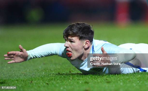 Bobby Duncan of England U17s goes down injured during the International Match between England U17 and Portugal U17 at Proact Stadium on November 8,...