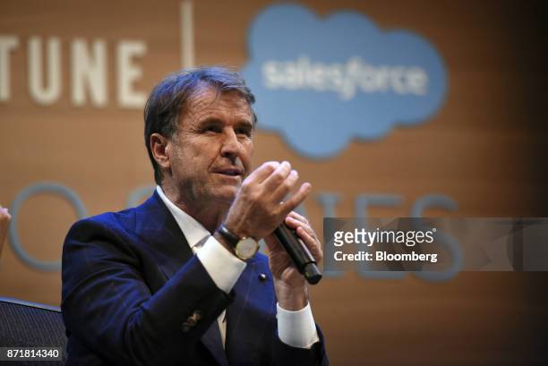 Brunello Cucinelli, chief executive officer of Brunello Cucinelli SpA, speaks during the Dreamforce Conference in San Francisco, California, U.S., on...