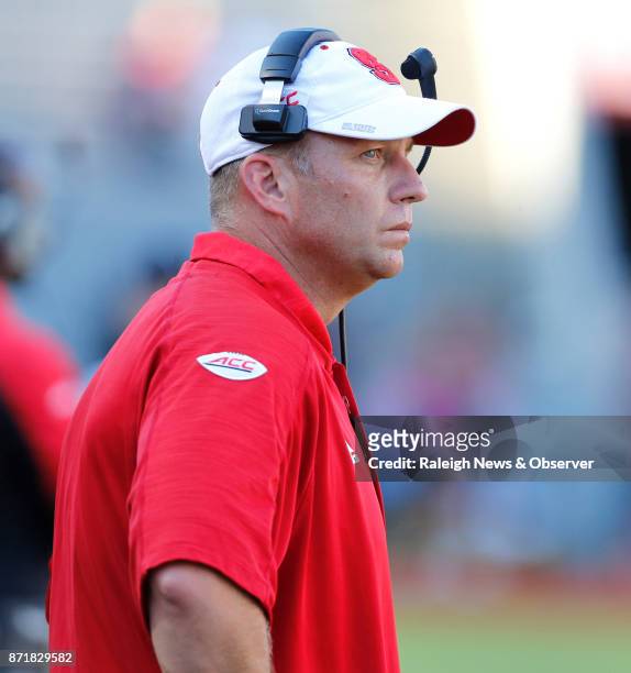 State head coach Dave Doeren watches late in the second half of Boston College's 21-14 victory over N.C. State at Carter-Finley Stadium Saturday,...