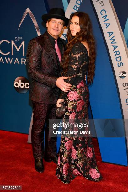 Singer songwriter Jerrod Niemann and Morgan Petek Niemann attend the 51st annual CMA Awards at the Bridgestone Arena on November 8, 2017 in...