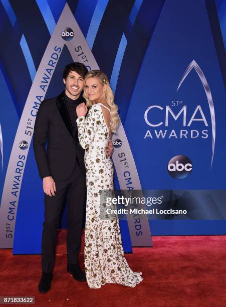 Singer-songwriters Morgan Evans and Kelsea Ballerini attend the 51st annual CMA Awards at the Bridgestone Arena on November 8, 2017 in Nashville,...