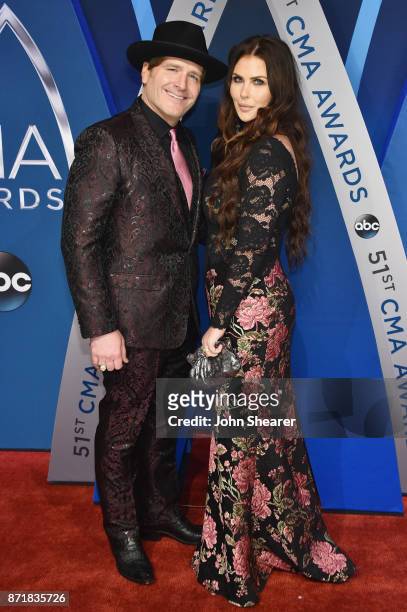 Singer songwriter Jerrod Niemann and Morgan Petek Niemann attend the 51st annual CMA Awards at the Bridgestone Arena on November 8, 2017 in...