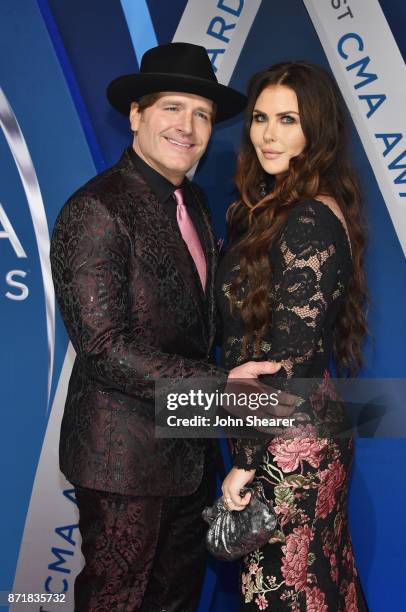 Singer songwriter Jerrod Niemann and Morgan Petek Niemann attend the 51st annual CMA Awards at the Bridgestone Arena on November 8, 2017 in...