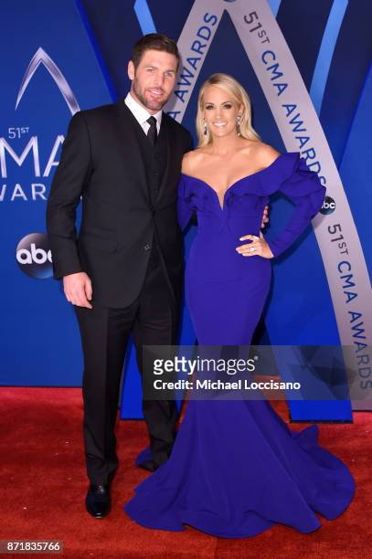 Player Mike Fisher and singer-songwriter Carrie Underwood attend the 51st annual CMA Awards at the Bridgestone Arena on November 8, 2017 in...
