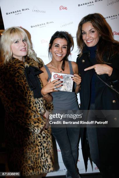 Cecile Cassel, Reem Kherici and Nadia Fares attend Reem Kherici signs her book "Diva" at the Barbara Rihl Boutique on November 8, 2017 in Paris,...