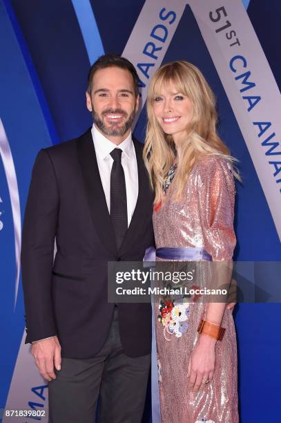 Nascar driver Jimmie Johnson and wife Chandra Janway Johnson attend the 51st annual CMA Awards at the Bridgestone Arena on November 8, 2017 in...