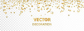 Holiday background. Isolated golden garland border, frame. Hanging baubles, streamers, falling confetti