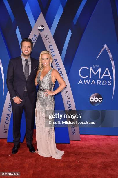 Luke Bryan and Caroline Boyer attend the 51st annual CMA Awards at the Bridgestone Arena on November 8, 2017 in Nashville, Tennessee.