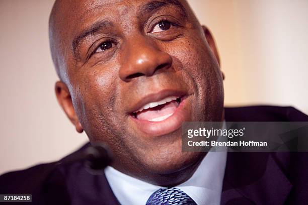 Former basketball player Earvin "Magic" Johnson speaks at a forum on HIV/AIDS on Capitol Hill on May 13, 2009 in Washington, DC. The forum was...