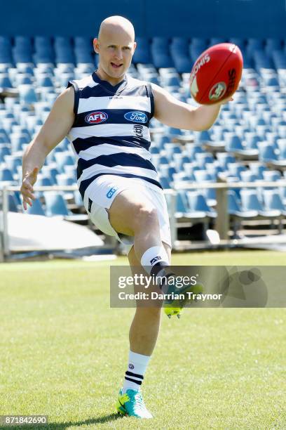 Gary Ablett takes to the ground during a Geelong Cats AFL media opportunity at GMBHA Stadium on November 9, 2017 in Geelong, Australia.