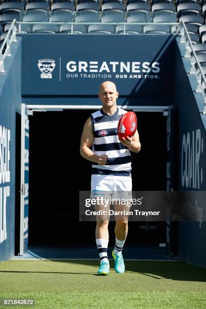 Gary Ablett takes to the ground during a Geelong Cats AFL media opportunity at GMBHA Stadium on November 9, 2017 in Geelong, Australia.