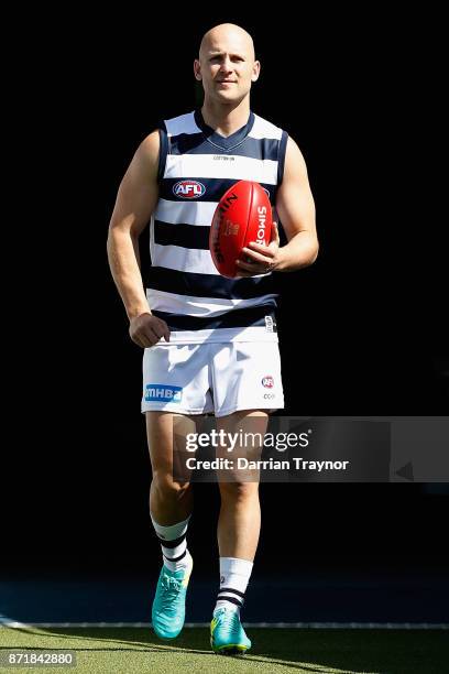 Gary Ablett takes to the ground during a Geelong Cats AFL media opportunity at GMBHA Stadium on November 9, 2017 in Geelong, Australia.