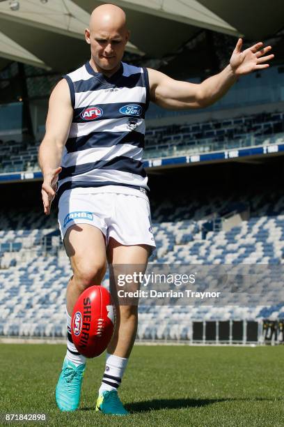 Gary Ablett takes to the ground during a Geelong Cats AFL media opportunity at GMBHA Stadium on November 9, 2017 in Geelong, Australia.