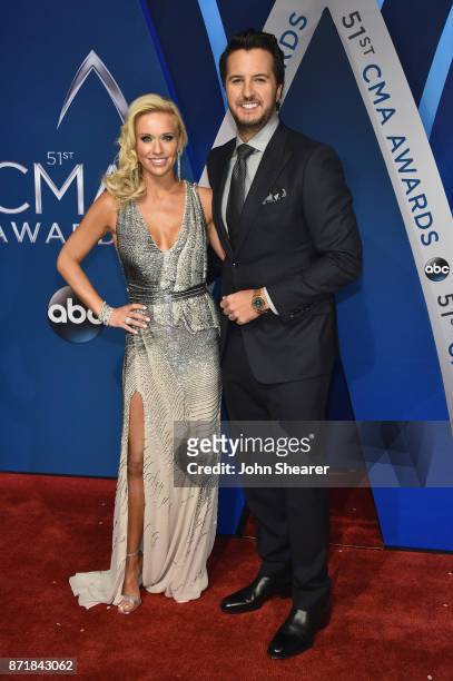 Caroline Boyer and singer-songwriter Luke Bryan attends the 51st annual CMA Awards at the Bridgestone Arena on November 8, 2017 in Nashville,...