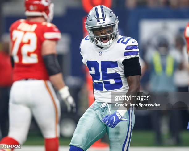 Dallas Cowboys safety Xavier Woods reacts after a tackle during the NFL football game between the Dallas Cowboys and the Kansas City Chiefs on...