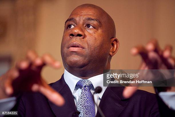 Former basketball player Earvin "Magic" Johnson speaks at a forum on HIV/AIDS on Capitol Hill on May 13, 2009 in Washington, DC. The forum was...