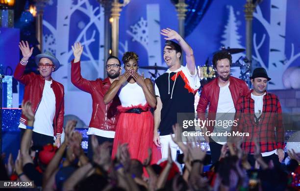 John Wicks, Jeremy Ruzumna, Noelle Scaggs, Michael Fitzpatrick, Joseph Karnes and James King of the Fitz and the Tantrums perform during the taping...