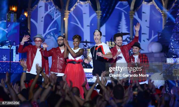 John Wicks, Jeremy Ruzumna, Noelle Scaggs, Michael Fitzpatrick, Joseph Karnes and James King of the Fitz and the Tantrums perform during the taping...