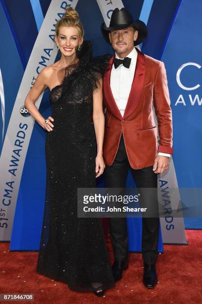 Musical artists Faith Hill and Tim McGraw attend the 51st annual CMA Awards at the Bridgestone Arena on November 8, 2017 in Nashville, Tennessee.