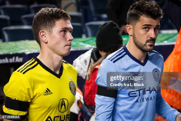 Forward and Captain David Villa and Captain Wil Trapp of Columbus Crew take the field during the Audi MLS Eastern Conference Semifinal Leg 2 match...