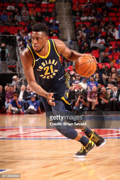Leaf of the Indiana Pacers handles the ball during the game against the Detroit Pistons on November 8, 2017 at Little Caesars Arena in Detroit,...