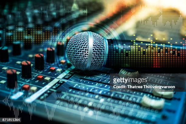 microphone over the abstract blurred on sound mixer out of focus background - abstract sound stock-fotos und bilder