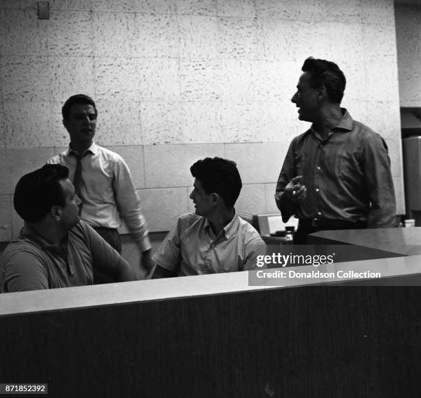 Musicians and producers Don Kirshner, Barry Mann, Gerry Goffin, and Al Nevins at a Barry Mann recording session at RCA on September 1, 1961 in New...