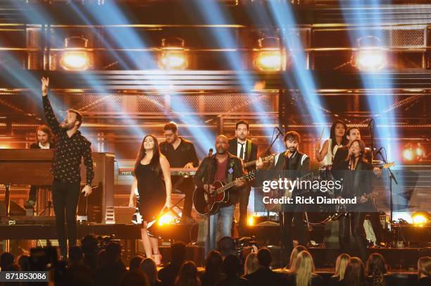 Charles Kelley and Hillary Scott of Lady Antebellum, Darius Rucker, Dave Haywood of Lady Antebellum and Keith Urban perform onstage at the 51st...