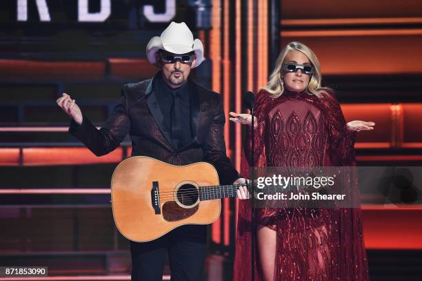 Co-hosts Brad Paisley and Carrie Underwood speak onstage at the 51st annual CMA Awards at the Bridgestone Arena on November 8, 2017 in Nashville,...
