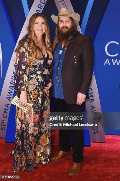 Musicians Morgane Stapleton and Chris Stapleton attend the 51st annual CMA Awards at the Bridgestone Arena on November 8, 2017 in Nashville,...