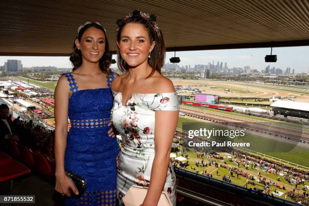 Jockeys Katelyn Mallyon and Michelle Payne pose for a photo at the Celebrating Women In Sport event on 2017 Oaks Day at Flemington Racecourse on...