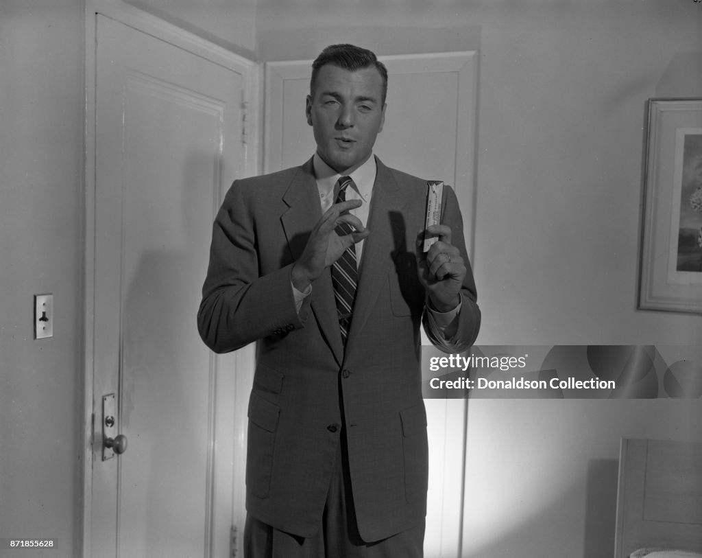 Bob Mathius Decathlete Bob Mathias poses for a studio portrait holding an Almond ...