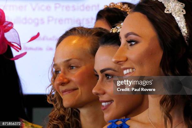 Hannah Macdougall, Kelly Cartwright and Katelyn Mallyon pose for a photo at the Celebrating Women In Sport event on 2017 Oaks Day at Flemington...