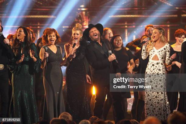 Hillary Scott, Reba McEntire, Faith Hill, Garth Brooks and Kelsea Ballerini perform onstage at the 51st annual CMA Awards at the Bridgestone Arena on...
