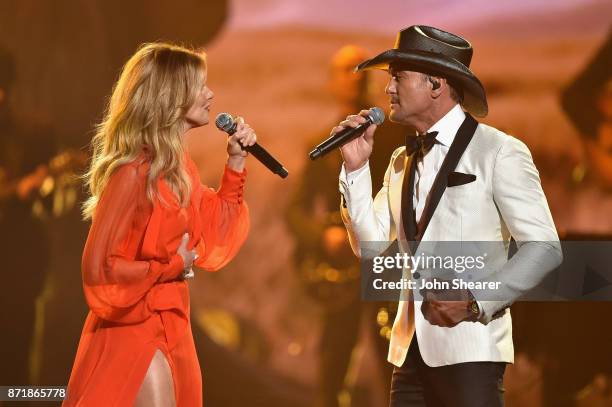 Faith Hill and Tim McGraw perform onstage at the 51st annual CMA Awards at the Bridgestone Arena on November 8, 2017 in Nashville, Tennessee.