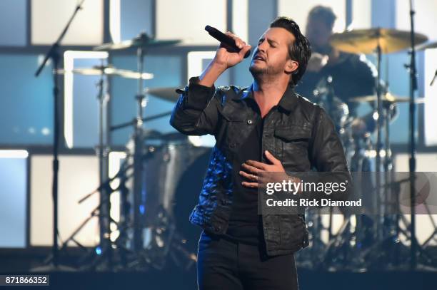 Luke Bryan performs onstage at the 51st annual CMA Awards at the Bridgestone Arena on November 8, 2017 in Nashville, Tennessee.