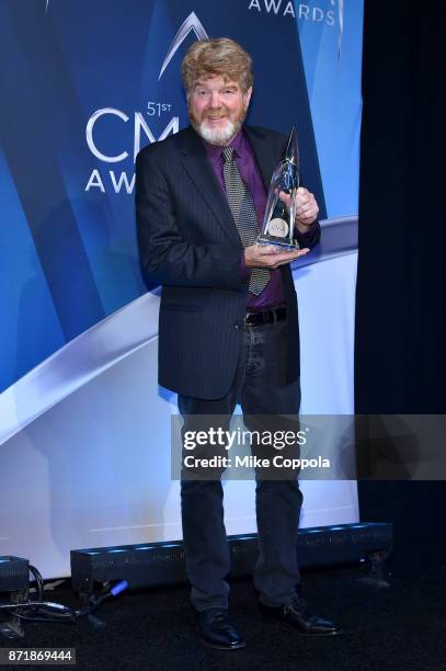 Singer-Songwriter Mac McAnally poses in the press room at the 51st annual CMA Awards at the Bridgestone Arena on November 8, 2017 in Nashville,...