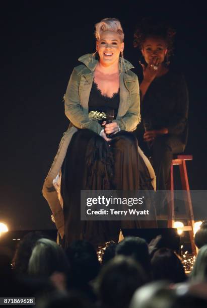 Pink performs onstage during the 51st annual CMA Awards at the Bridgestone Arena on November 8, 2017 in Nashville, Tennessee.
